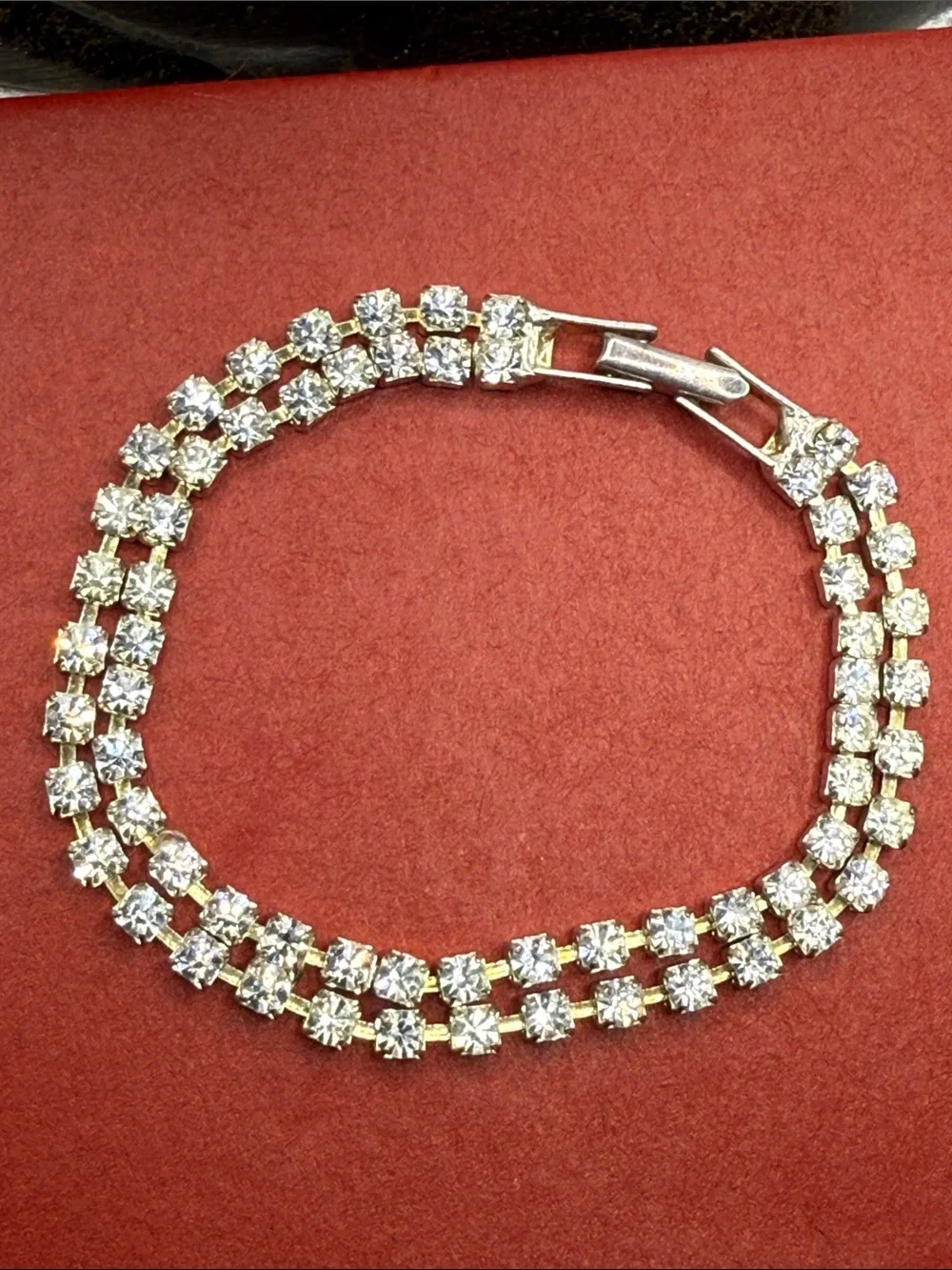 Vintage Gold-Tone Clear Crystal Double Row Tennis Bracelet prong set station